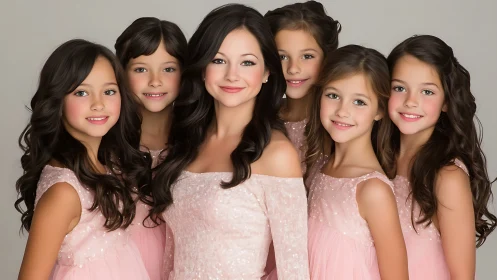 Smiling mother and daughters in coordinated blush pink dresses.