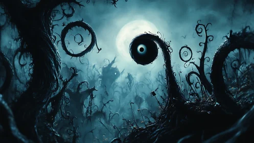 Surreal moonlit forest coils around a single staring void eye