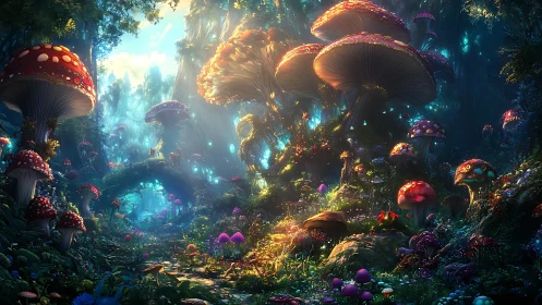 Bioluminescent fantasy forest with oversized mushrooms at dusk