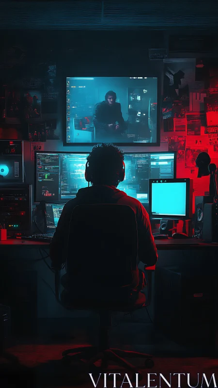 Solitary hacker monitors multiple screens in neon bunker.