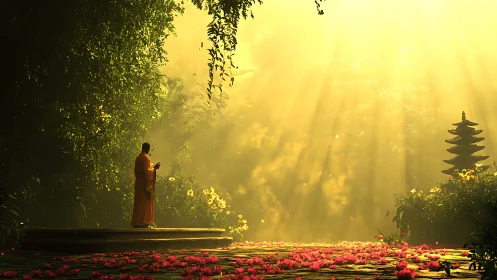 Morning light braids silent prayers through a forest shrine