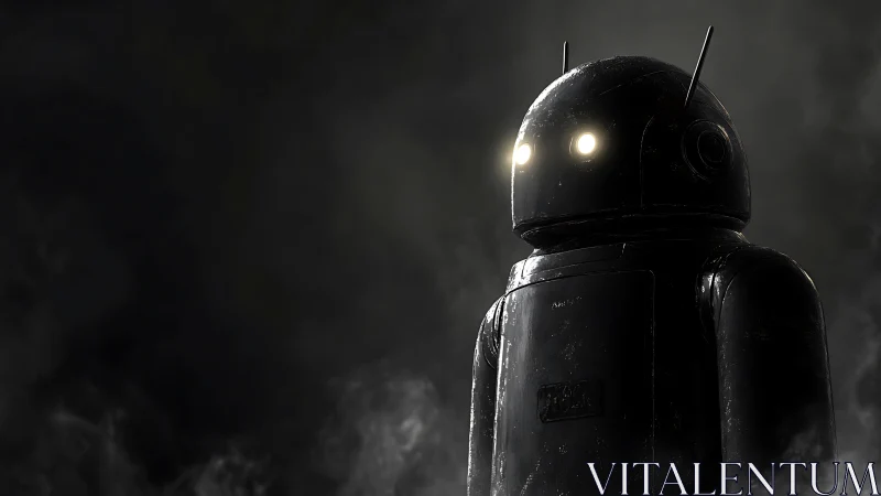 Dark humanoid robot with illuminated eyes in smoky space.