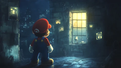 Mario observes glowing city window inside dark alley courtyard