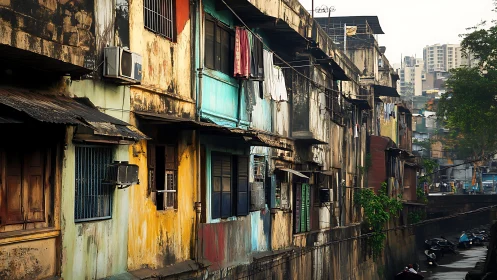 Weathered urban tenement blocks show layered city growth