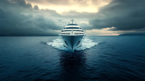 Elegant white cruise ship slicing through a moody blue sea.