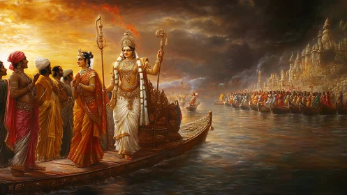 Mythic royal flotilla in luminous temple harbor, digital painting.