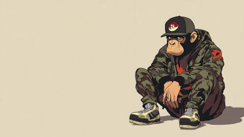 Streetwear monkey illustration sits in camo gear thoughtfully.