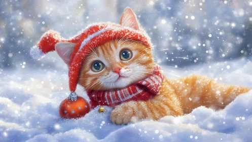 Digital rendering of felid with festive holiday attire positioned in winter snowscape environment