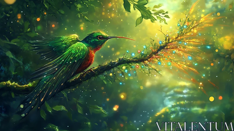 Vibrant hummingbird on glowing branch, fantasy digital art style.