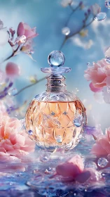 Perfume bottle resting in dreamy blossoms and soft light.