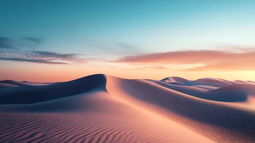 Sunlit desert dunes curve under soft pastel dawn sky