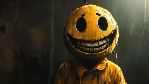 Photorealistic dystopian smiley mask under rain lighting.