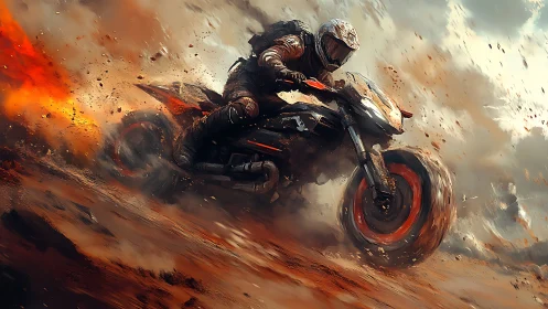 Rider controls off‑road motorcycle amid dust and debris