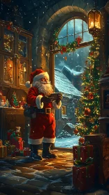Digital painting of Santa in a warm workshop interior at night.
