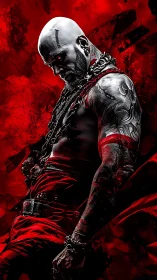 Bald tattooed warrior in red with chains and fierce stare.