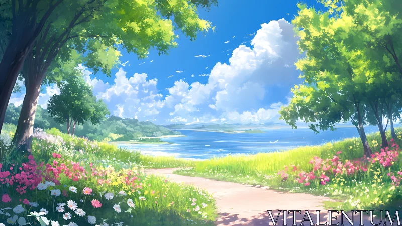 Lakeside path bordered by trees and mixed wildflowers.