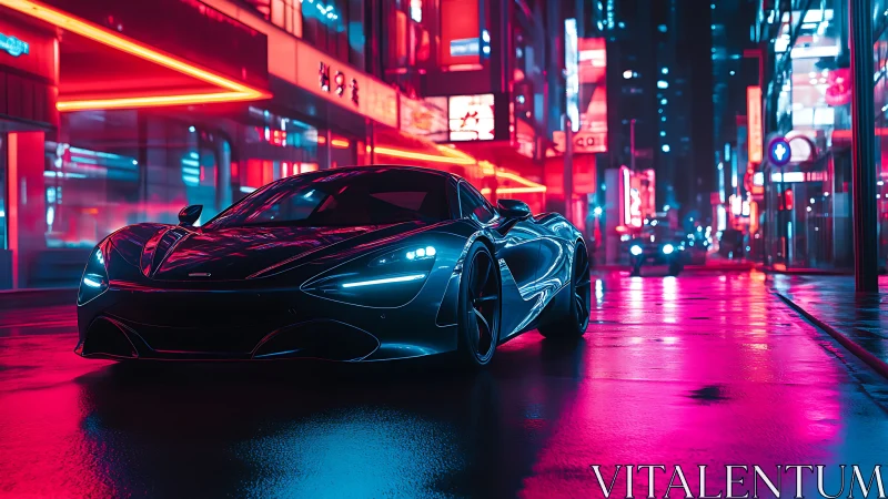 Sleek sports car in neon urban street at night scene.