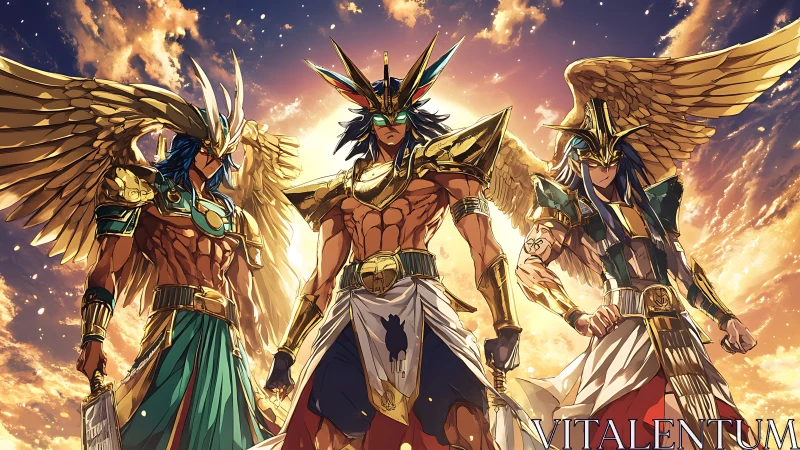 Solar-winged pharaoh guardians blaze against molten skies.