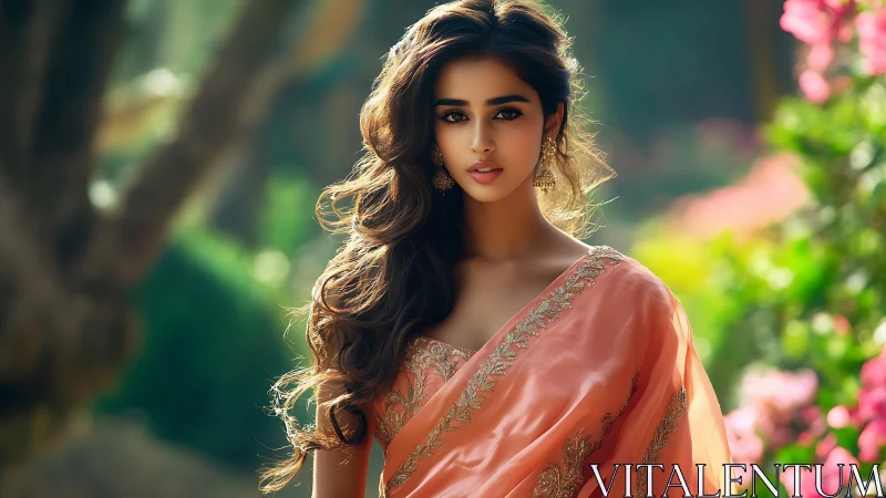 Elegant woman in peach sari within sunlit garden bokeh.