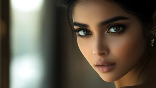 Portrait captures intense gaze of woman in soft window light