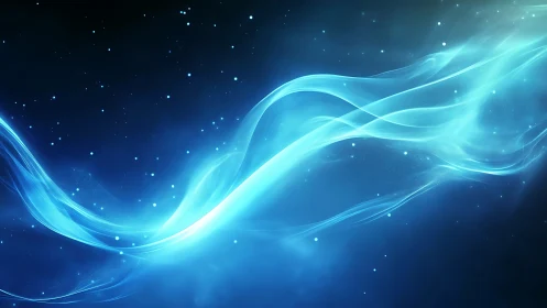 Curved cyan light streak traverses dark blue starfield