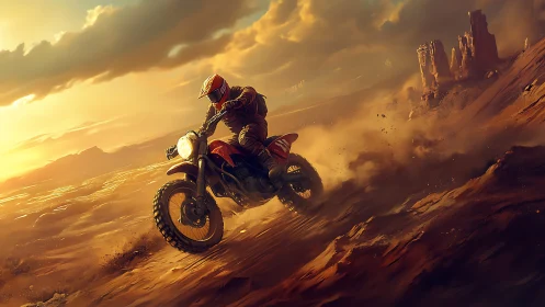 Sunlit desert rider carving tracks through glowing dust.