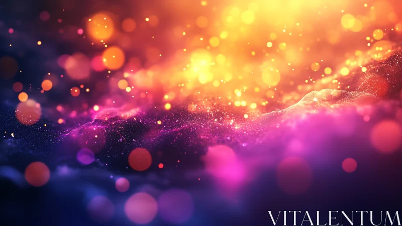 Vibrant glowing particles over abstract cosmic waves.