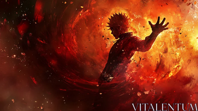 Blazing hero silhouette riding a swirling storm of fire.