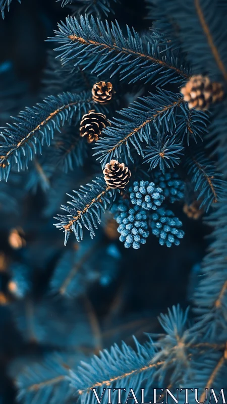 Blue-tinged pine needles and cones rest in tranquil winter light