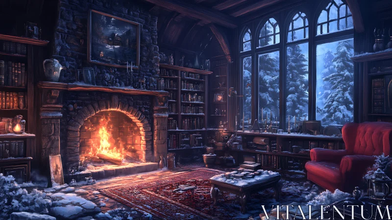 Cozy winter library glowing with a welcoming fireside warmth.