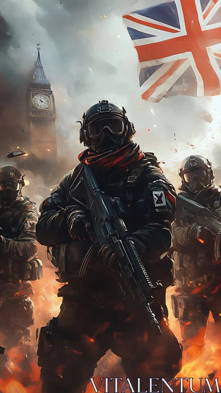 Armored soldiers advance through burning London streets