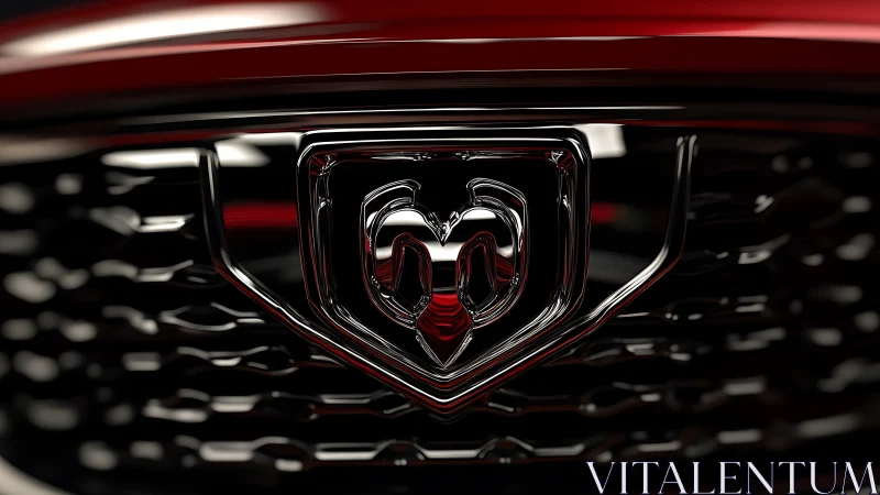 Chrome automotive badge macro with specular grille reflections.