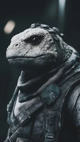 Stoic lizard adventurer in rugged sci fi explorer gear.