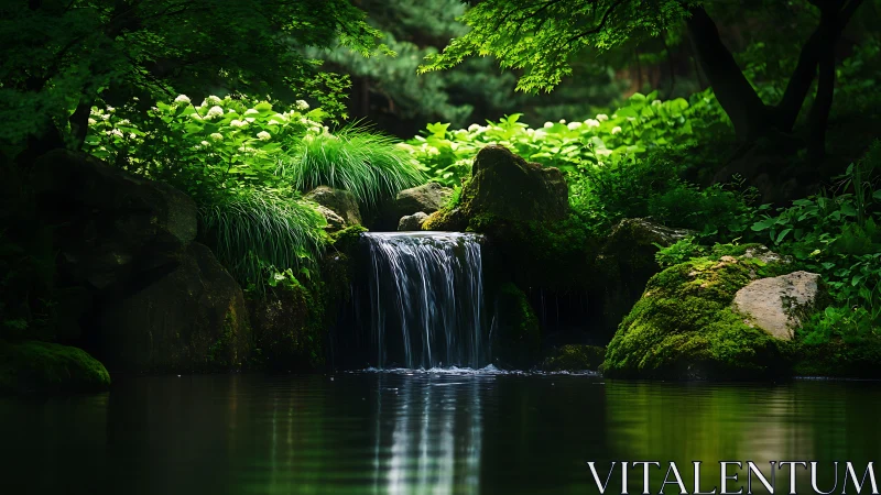 Gentle woodland waterfall tucked in a glowing green haven.