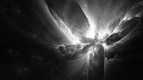 Monochrome fractal detonation forming luminous nebular petals.