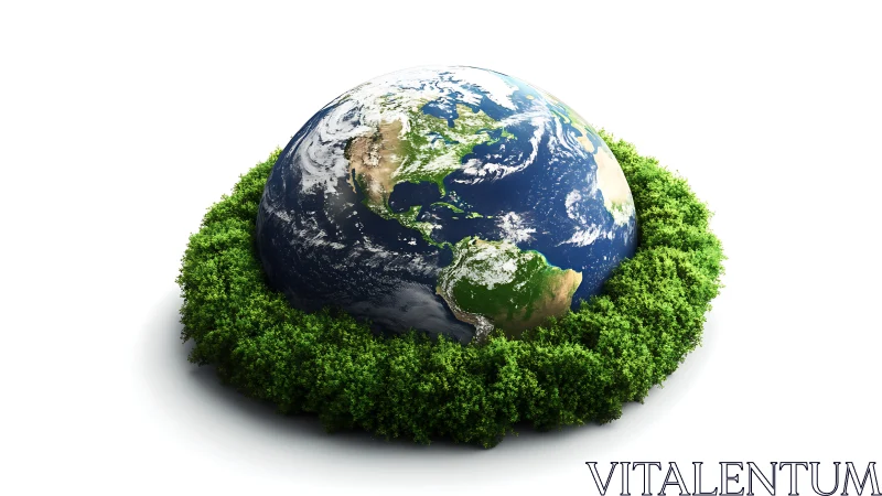 Earth surrounded by dense green foliage ring on white.