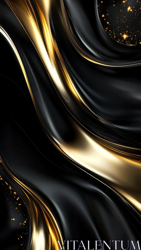Liquid black and gold waves flow with softly glowing elegance