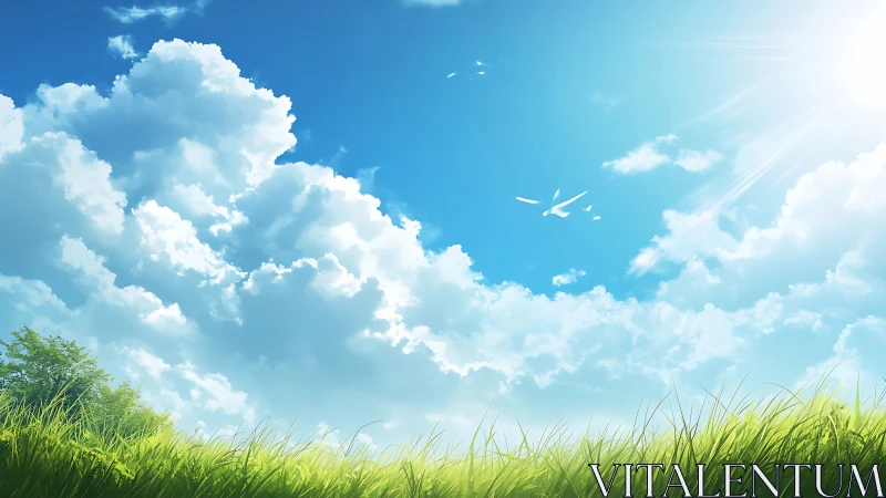 Cloud filled blue sky rises above sunlit grassy field