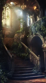 Sunlit ivy staircase in a forgotten grand hall.