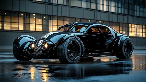 Streamlined black retro-futurist coupe on wet city street.