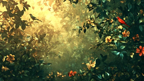 Digital illustration shows dense foliage with two perched birds