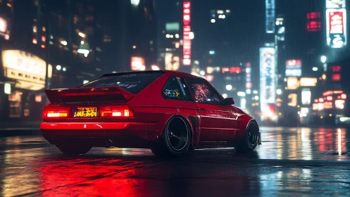 Red tuner hatchback in neon-lit rainy urban nightscape