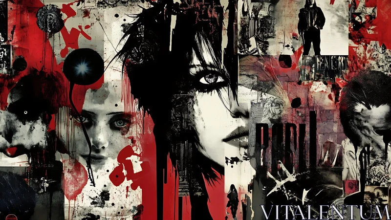 Monochrome faces collide in chaotic red urban collage.