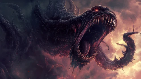 Digital painting of eldritch abyssal leviathan in storm light.