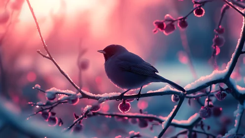 Winter's Small Visitor Rests Among Frosted Berries.