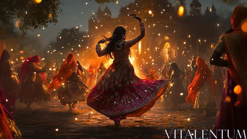 Central dancer rotates amid illuminated courtyard procession