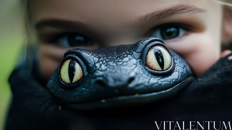 Child holding black reptile mask close to their face.