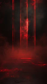 Vertical red light pillars in dark atmospheric space.