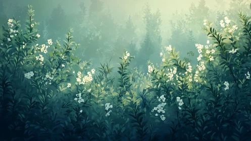 Ethereal Forest Clearing with Luminous White Flowers Among Misty Pines