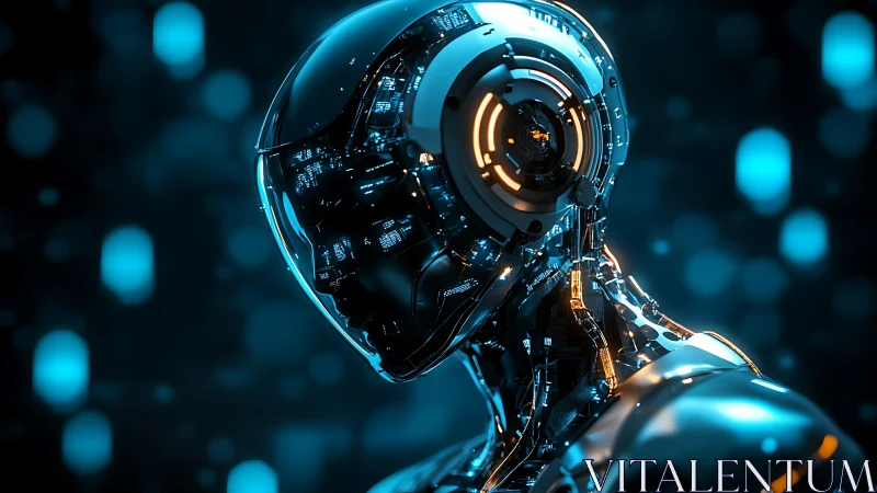 Cyborg head rendered with luminous circuitry in neon bokeh field